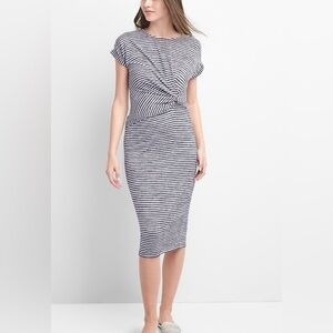 Gap black white striped midi dress waist  side knot short sleeves stretc…